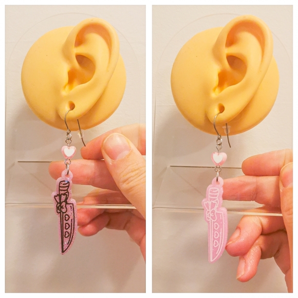 SOLD - FREE GIFT WITH PURCHASE OVER $20 New Resin Pink Sparkly Knife Earrings - Picture 1 of 7